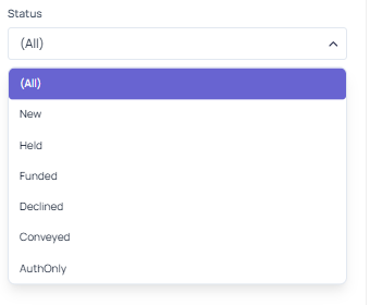 Status filter open, showing the available transaction status options