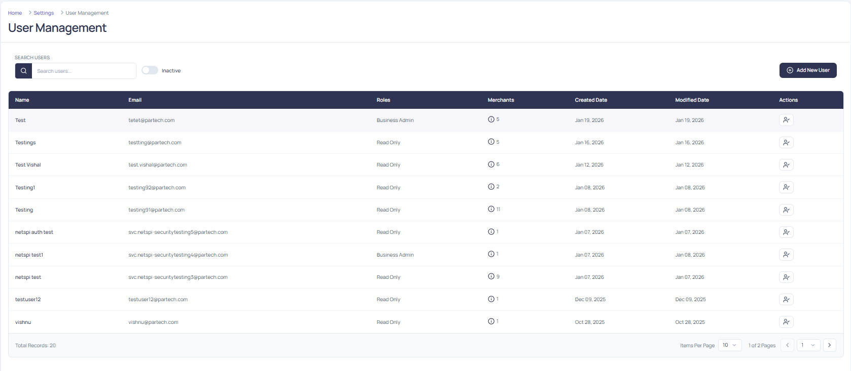 User list with the Active toggle switched off, showing deleted users