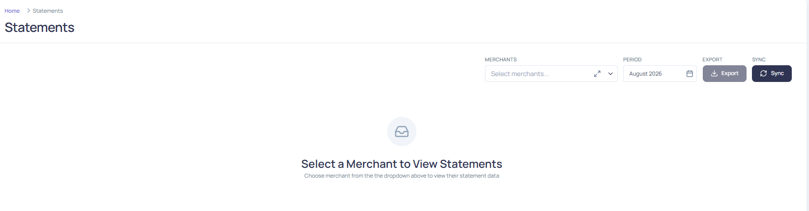 Statements page with the merchant drop-down menu displayed and No records found shown in the table