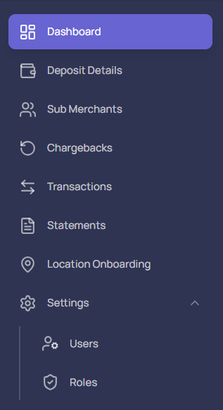 Merchant Services Portal left-hand navigation panel listing the Dashboard, Deposit Details, Sub Merchants, Chargebacks, Transactions, Statements, and Settings modules