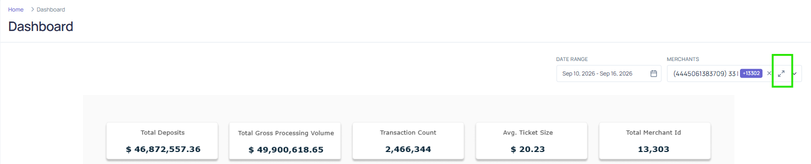 Merchants filter with the expand icon highlighted to the right of the selected-merchants field