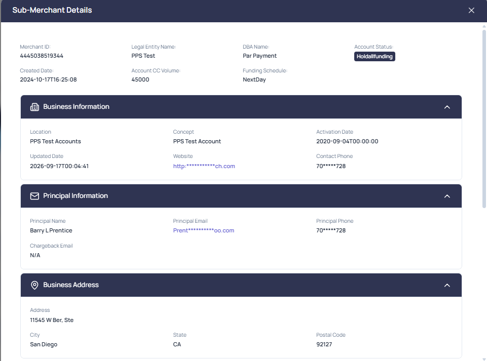 Sub-Merchant Details dialog showing the summary information at the top of the view