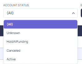 Account Status filter open, showing the Hold All Funding, Active, Cancelled, and Unknown options