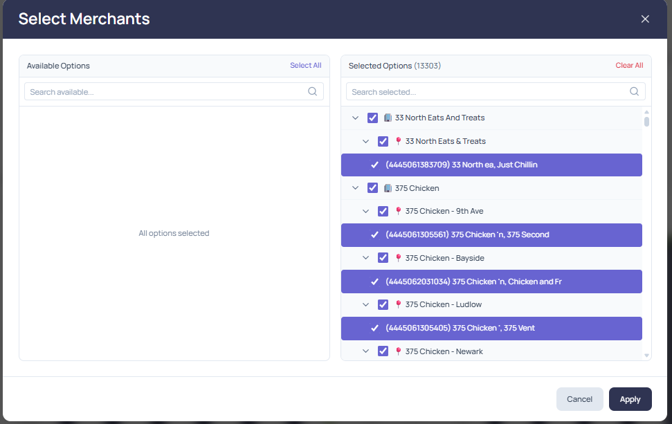 The expanded Select Merchants view with Available Options on the left and Selected Options on the right