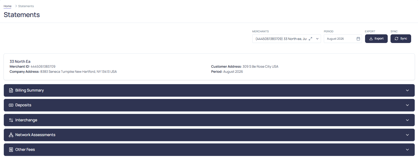 Statements module showing the statement tabs and data view