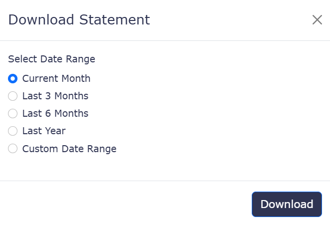 Statements export dialog with the Date Range selection and Download button