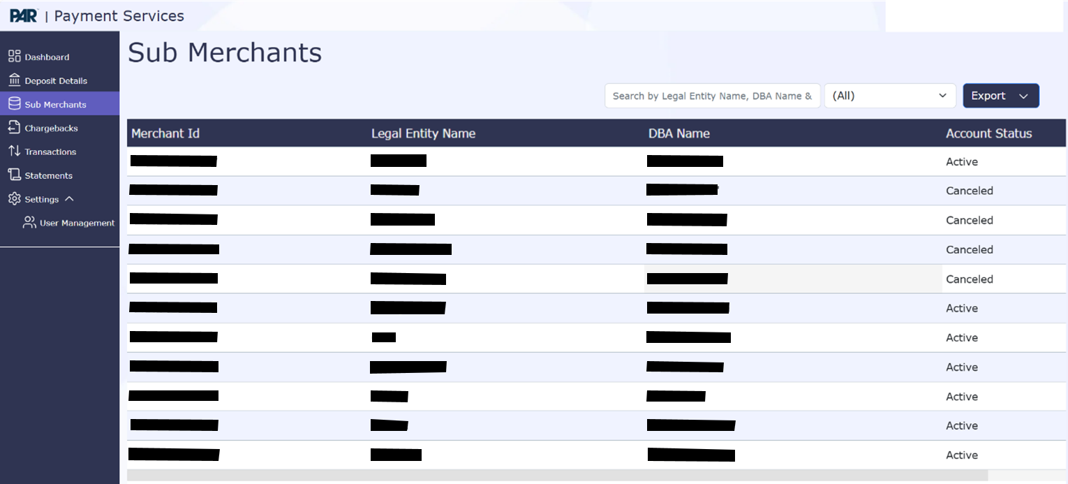 Sub Merchants module showing the merchant list