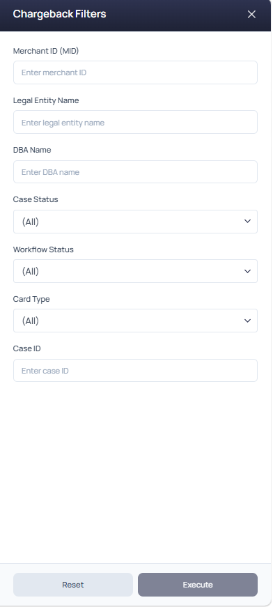 Chargebacks filter bar