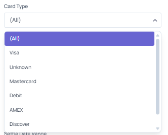 Card Type filter open, showing the available card brand options