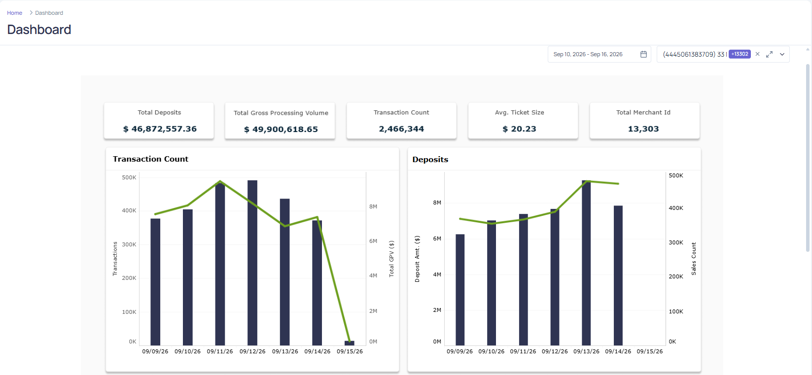 Merchant Services Portal Dashboard showing summary metric tiles across the top of the page