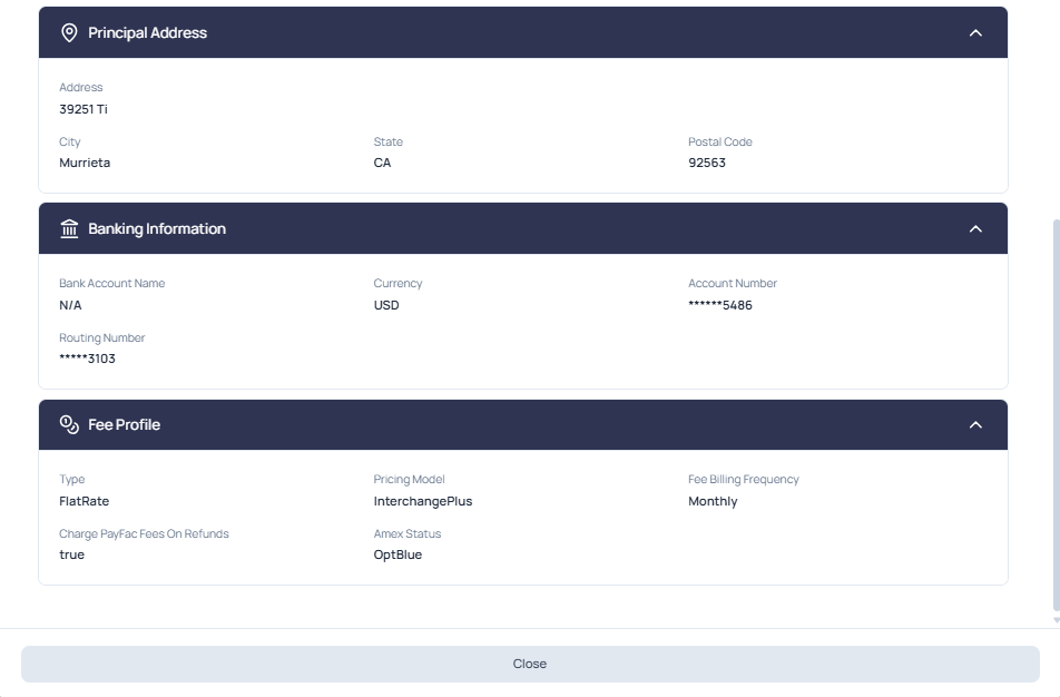 Sub-Merchant Details dialog showing the collapsible detail sections