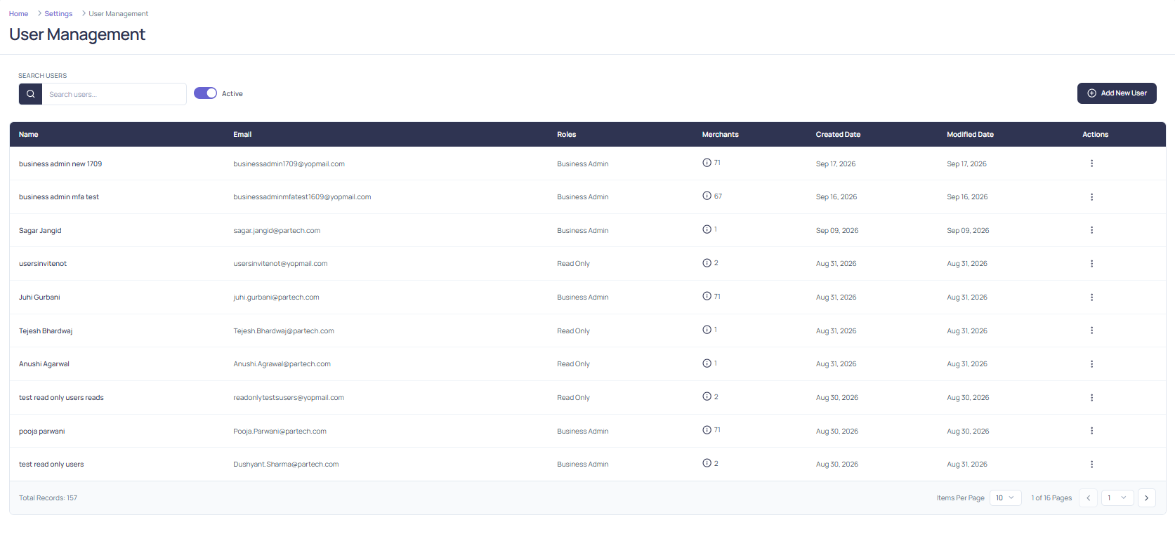 User Management tab with the search box and Active toggle