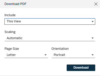 Export settings dialog with view, scaling, page size, and orientation options