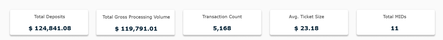 Dashboard metric tiles showing Total Deposits, Total Gross Processing Volume, Transaction Count, Average Ticket Size, and Total MIDs