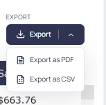 Export button with the CSV and PDF format options displayed