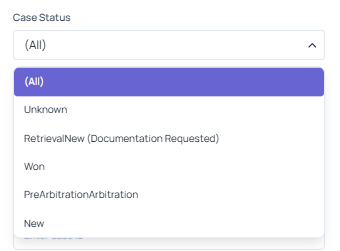 Case Status filter open, showing the available case status options