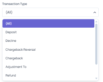 Transaction Type filter open, showing the available transaction type options