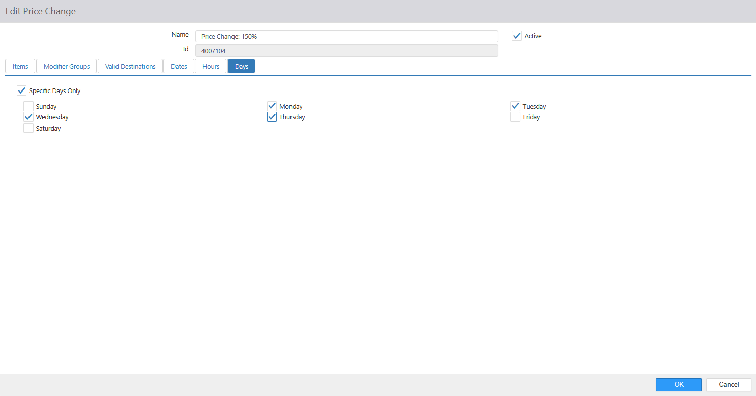 Edit Price Change dialog, Days tab with checkboxes for each day of the week