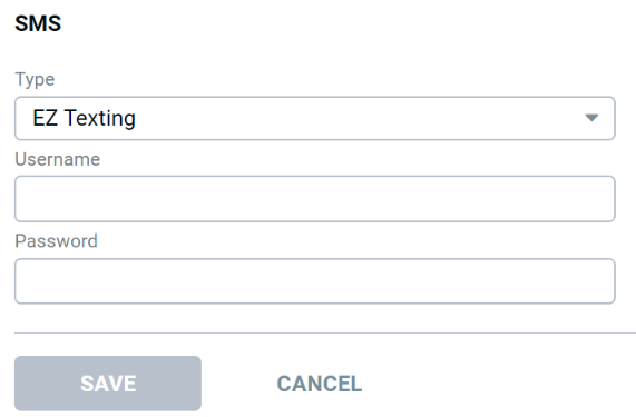Edit Integration form for SMS with Type set to EZ Texting, and Username and Password fields