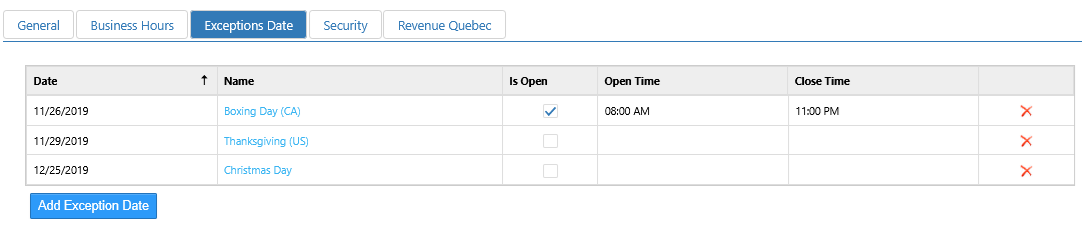 Business Hours tab showing a table of each day of the week with Open Time and Close Time columns and an Add Business Hour Range button