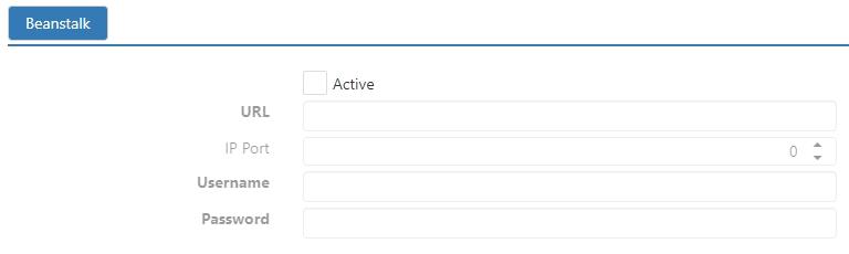 Options > Promotion > Beanstalk tab, showing Active checkbox, URL, IP Port, Username, and Password fields