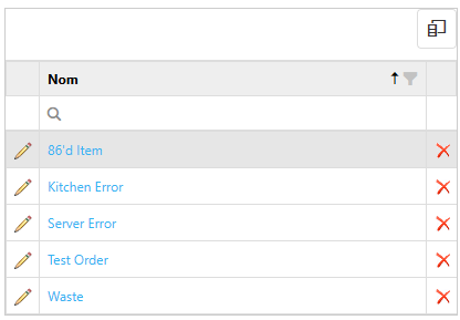 Liste des raisons du vide comportant les entrées 86'd Item, Kitchen Error, Server Error, Test Order et Waste, avec icônes de modification et de suppression