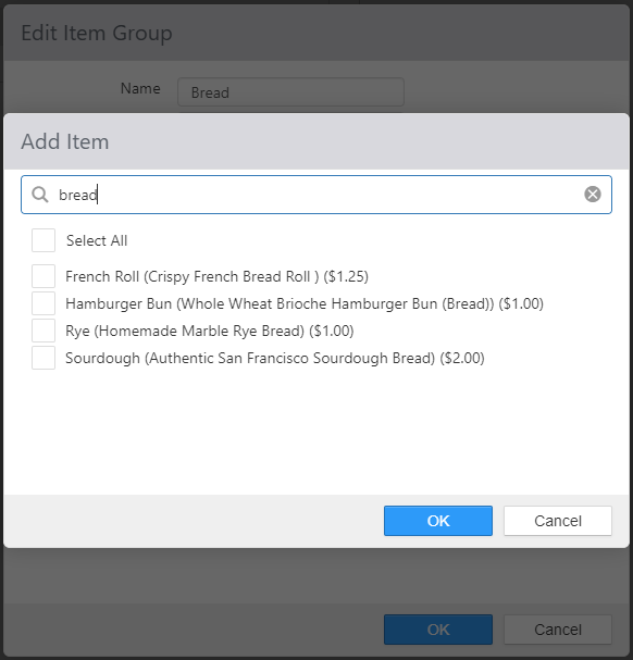 Add Item dialog overlaying the Edit Item Group dialog, showing a search field and a checklist of bread items with prices