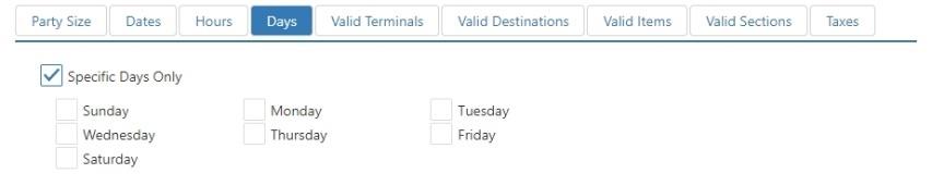 Edit Surcharge dialog, Days tab showing Specific Days Only checkbox with day-of-week checkboxes