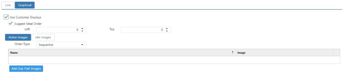 Options > Customer Display > Graphical tab, showing Use Customer Displays, Suggest Ideal Order, Left, Top fields, and the Active Images / Idle Images sub-tabs with Order Type and an image list