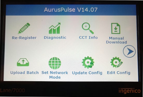 AurusPulse V14.07 menu screen on a Lane/7000 device with icons for Re-Register, Diagnostic, CCT Info, Manual Download, Upload Batch, Set Network Mode, Update Config, and Edit Config