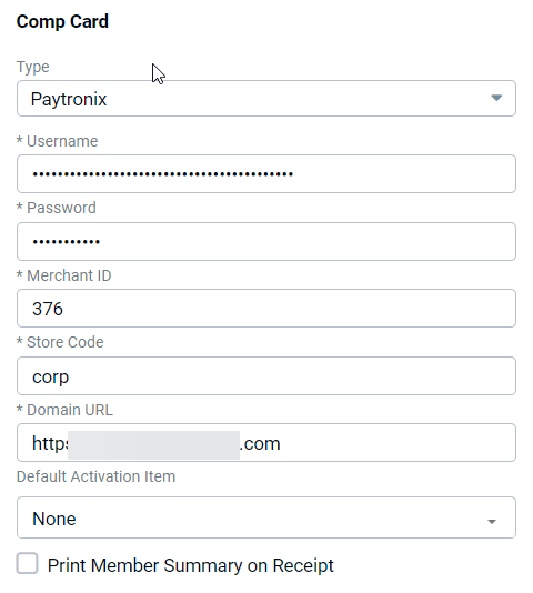 Edit Integration form for Comp Card with Type set to Paytronix, showing populated Username, Password, Merchant Id (376), Store Code (corp), Domain URL (https://api.train.paytronix.com) fields, Default Activation Item dropdown, and Print Member Summary on Receipt checkbox