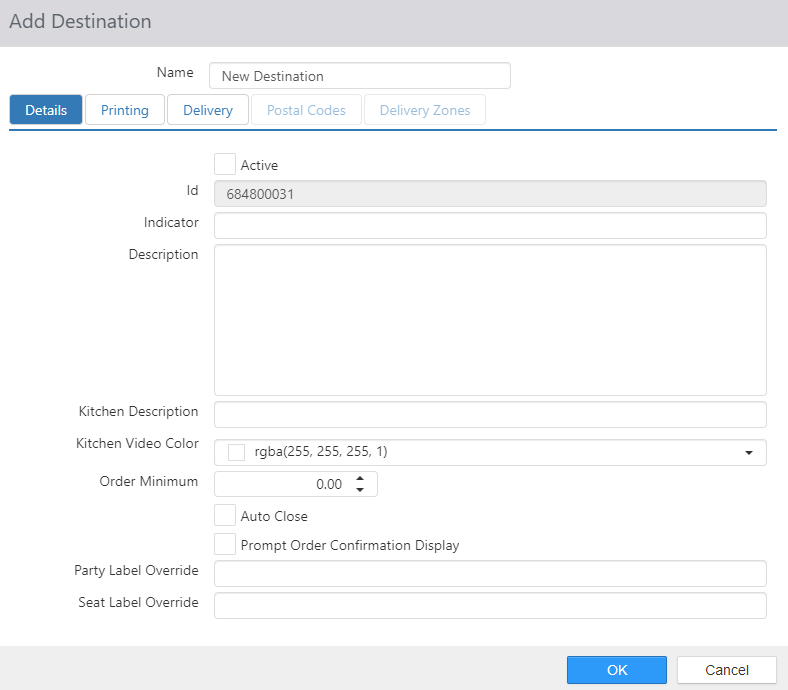 Details tab on Edit Destination dialog with Active, Id, Indicator, Description, Reminder Message, Kitchen Description, Kitchen Video Color, Order Minimum, Auto Close, Prompt Order Confirmation Display, Party Label Override, and Seat Label Override fields