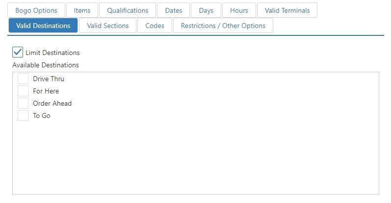 Edit Promotion dialog, Valid Destinations tab, with Limit Destinations checkbox and destination checklist