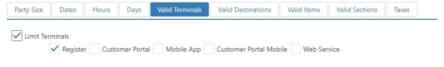 Edit Surcharge dialog, Valid Terminals tab showing Limit Terminals checkbox with Register, Customer Portal, Mobile App, Customer Portal Mobile, and Web Service checkboxes