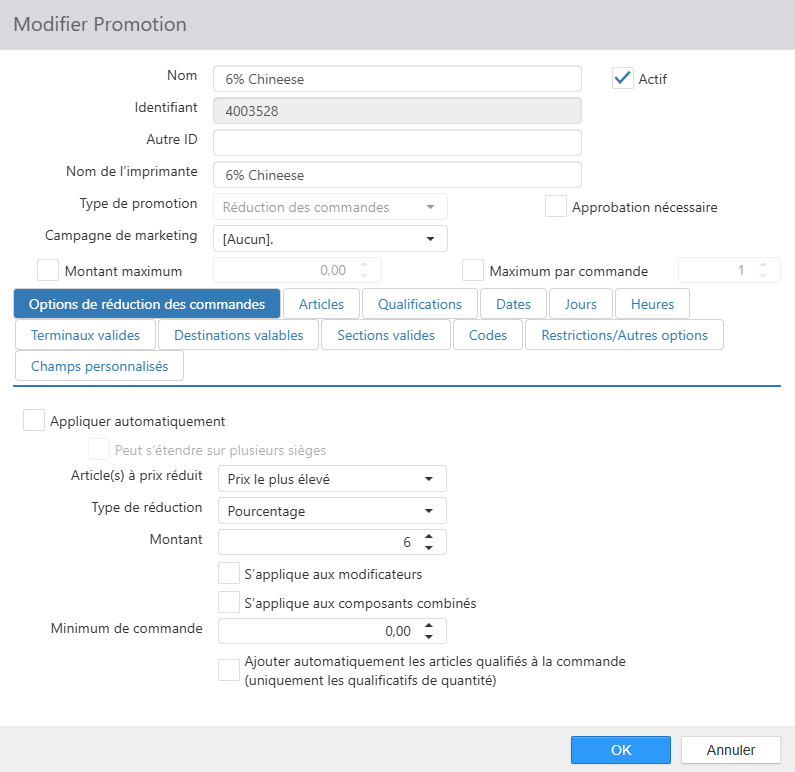 Modifier la boîte de dialogue de promotion, onglet Options de réduction des commandes