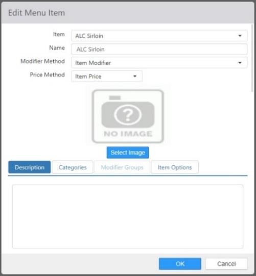Edit Menu Item dialog for ALC Sirloin showing Item, Name, Modifier Method, Price Method fields, a Select Image placeholder, and Description, Categories, Modifier Groups, and Item Options tabs