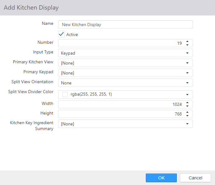 Add Kitchen Display dialog, Options tab, with Name, Active, Number, Input Type, Primary Kitchen View, Primary Keypad, Split View Orientation, Split View Divider Color, Width, Height, and Kitchen Key Ingredient Summary fields