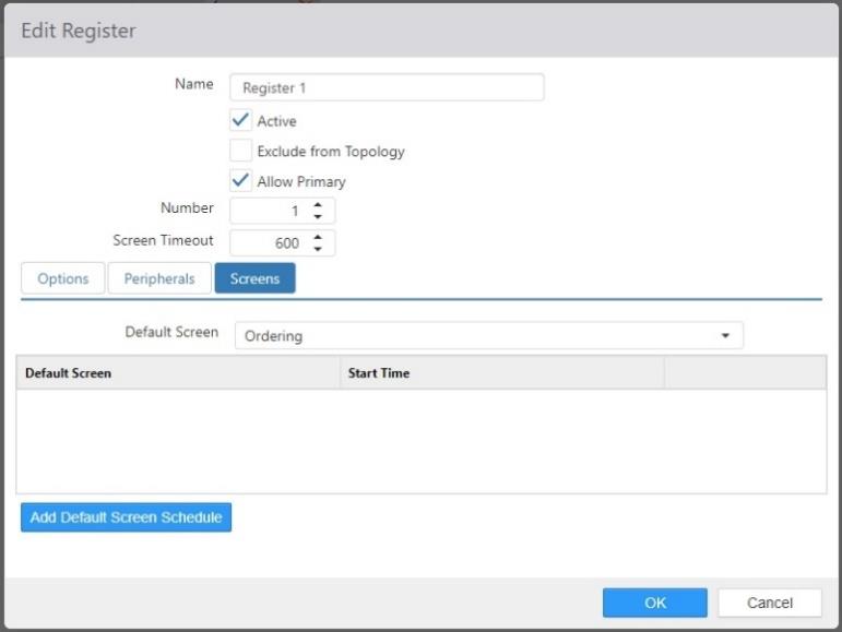 Edit Register dialog, Screens tab showing the Default Screen dropdown and a Default Screen schedule table with an Add Default Screen Schedule button