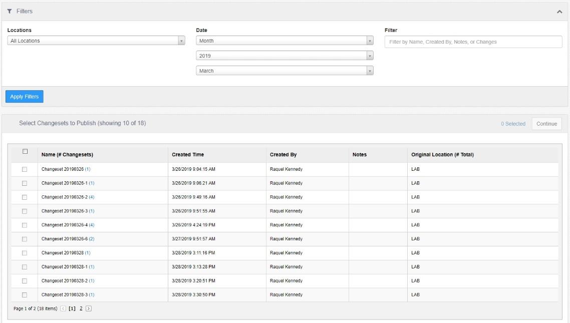 Changeset Publisher dialog with Filters section (Locations, Date, Filter) and a table listing changesets to publish with Apply Filters and Continue buttons