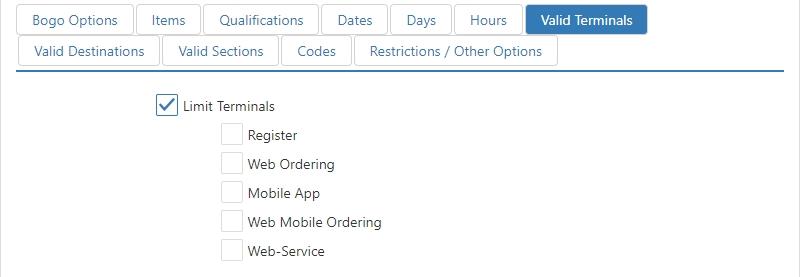 Edit Promotion dialog, Valid Terminals tab, with Limit Terminals checkbox and terminal type checklist