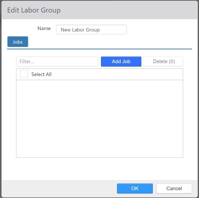 Edit Labor Group dialog with Name field and a Jobs tab listing jobs that can be added to the labor group