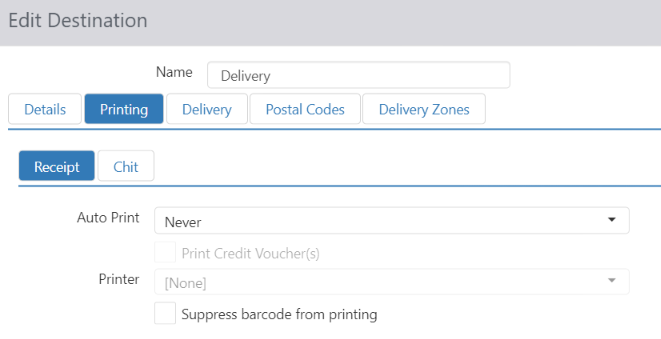 Printing > Receipt tab on Edit Destination dialog with Auto Print, Print Credit Voucher(s), Printer, and Suppress barcode from printing fields