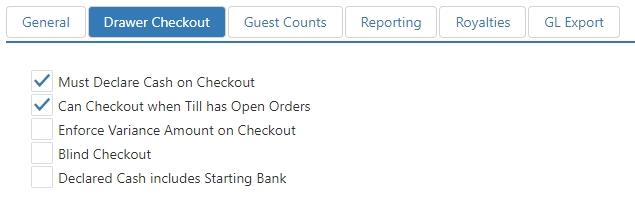 Drawer Checkout tab with checkboxes for Must Declare Cash on Checkout, Can Checkout when Till has Open Orders, Enforce Variance Amount on Checkout, Blind Checkout, and Declared Cash includes Starting Bank