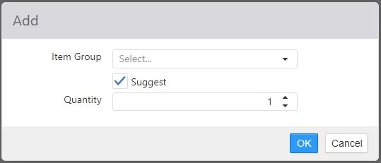 Add Ideal Order Item dialog with Item Group drop-down, checked Suggest checkbox, and Quantity field