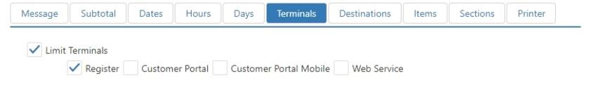 Edit Printer Message dialog, Terminals tab, with Limit Terminals checkbox and terminal list