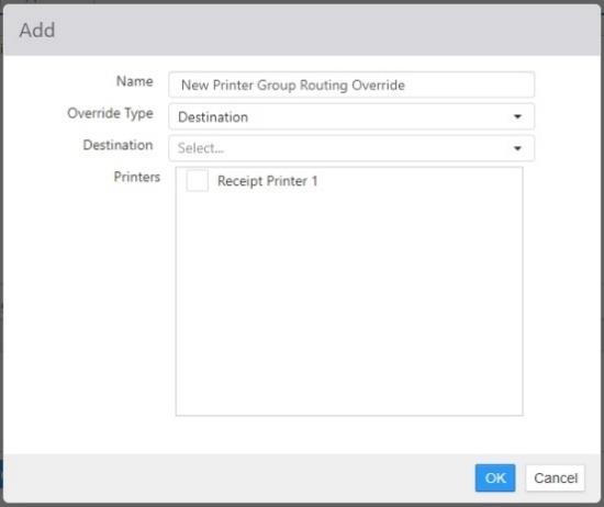 Add item routing override dialog with Name, Override Type, Destination, and Printers fields