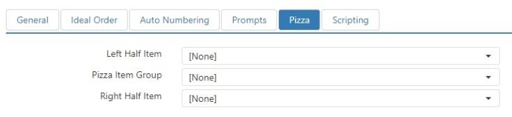 Pizza tab showing Left Half Item, Pizza Item Group, and Right Half Item drop-downs all set to None