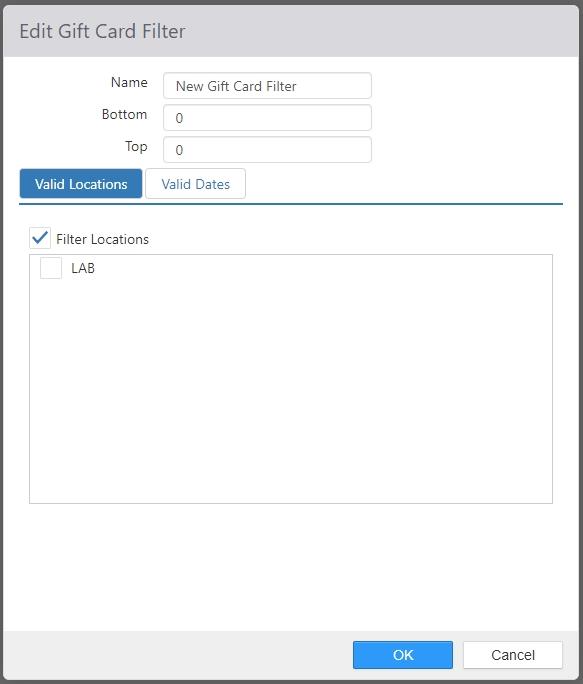 Edit Gift Card Filter dialog, Valid Locations tab, with Name, Bottom, Top fields and a Filter Locations checkbox with a list of locations