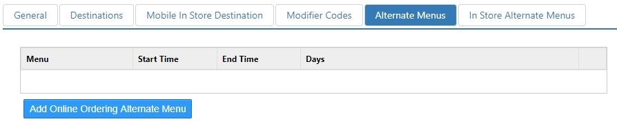 Options > Online Ordering > Alternate Menus tab