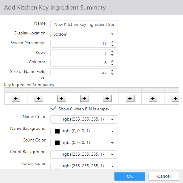 Add Kitchen Key Ingredient Summary dialog with Name, Display Location, Screen Percentage, Rows, Columns, Size of Name Field, a grid of Key Ingredient Summaries add buttons, Show 0 when BIN is empty checkbox, and Name Color, Name Background, Count Color, Count Background, Border Color pickers